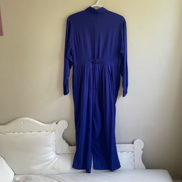 ROYAL BLUE CROPPED WIDE LEG JUMPSUIT PLEATS POCKETS BUTTONS HALF BELT COLLAR - Picture 8 of 11